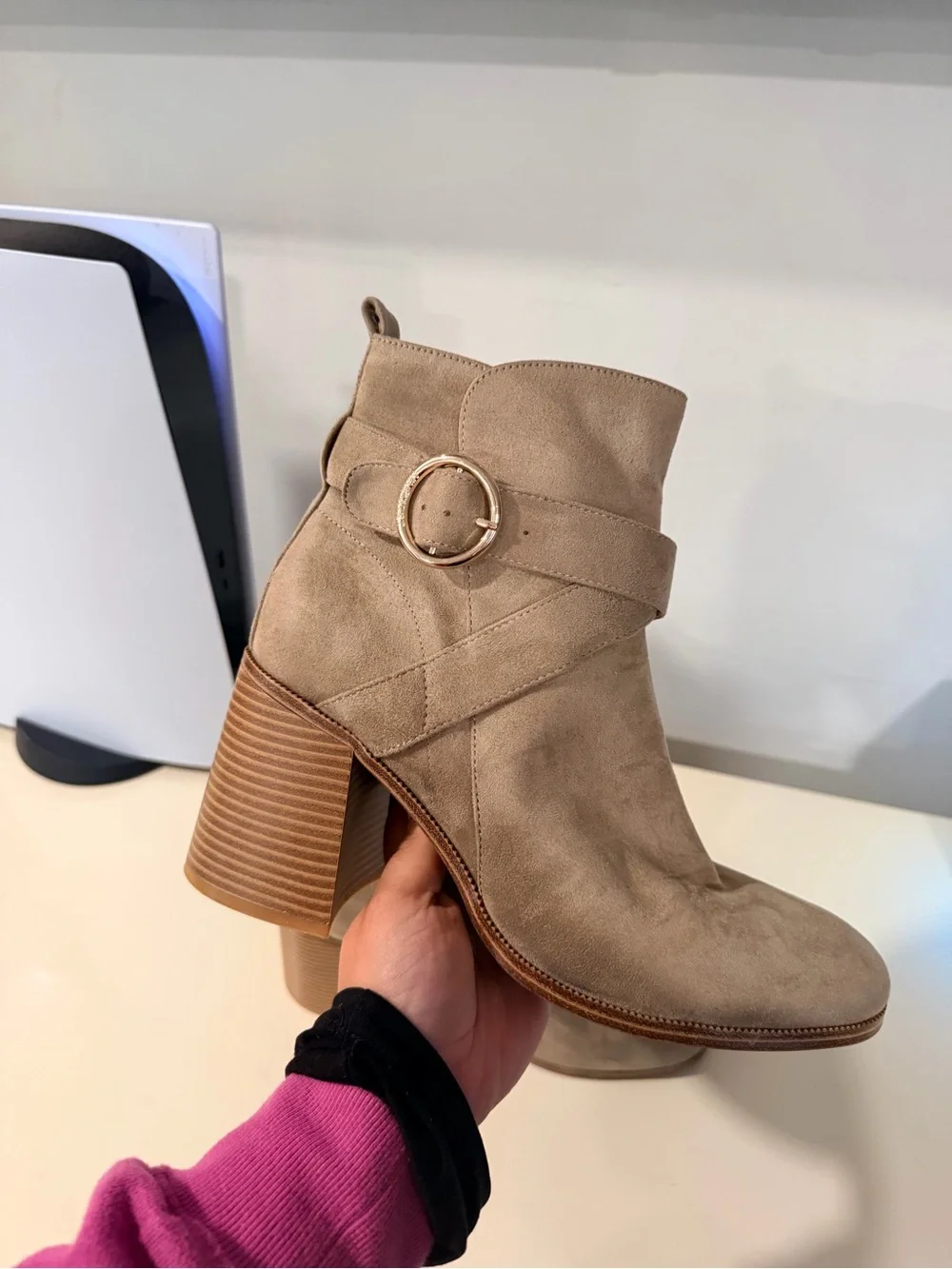 Nine West Beige Suede Buckle Strap Block Heel Ankle Boot